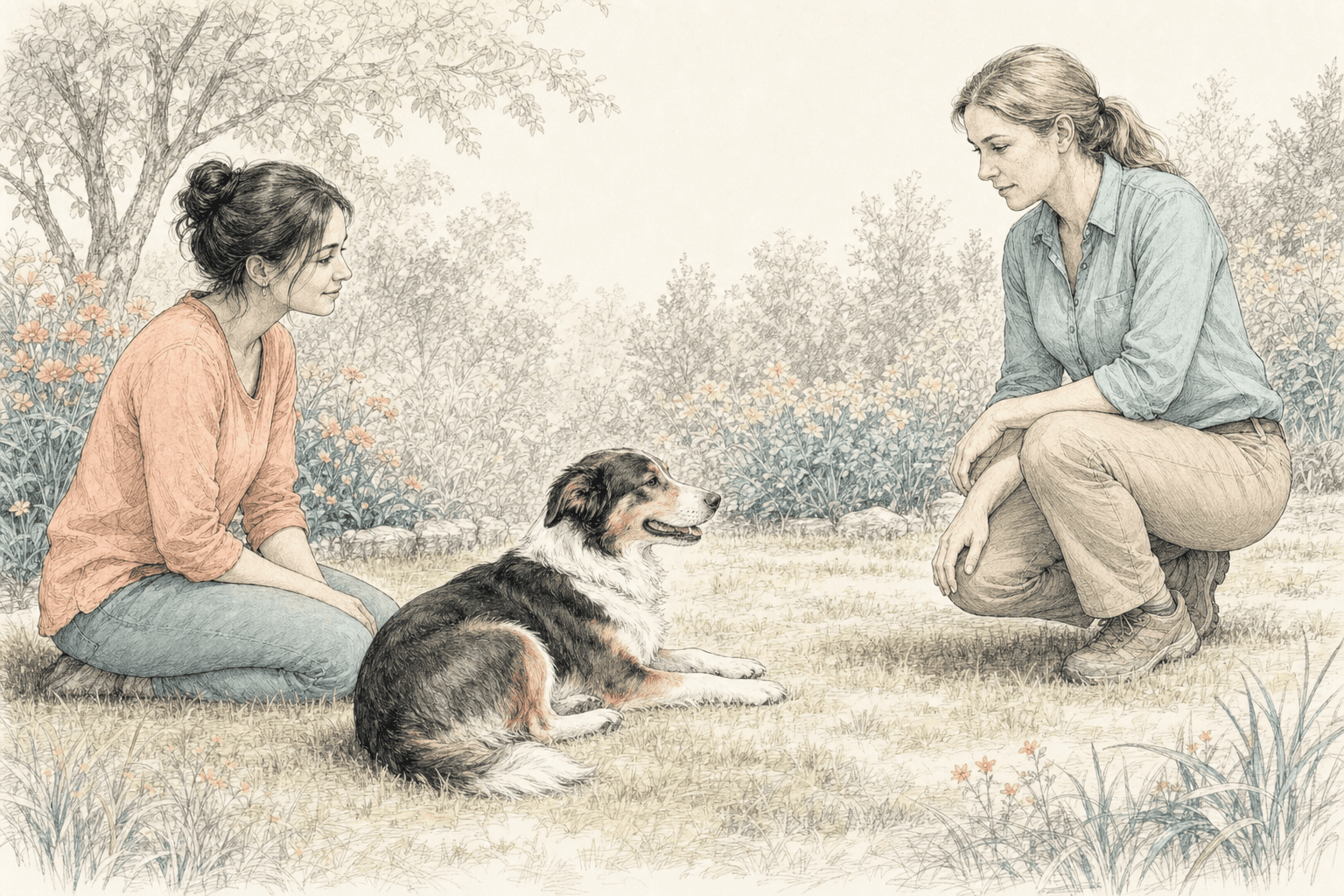 Hundehalterin lernt mit einer Trainerin die Körpersprache ihres Hundes zu verstehen