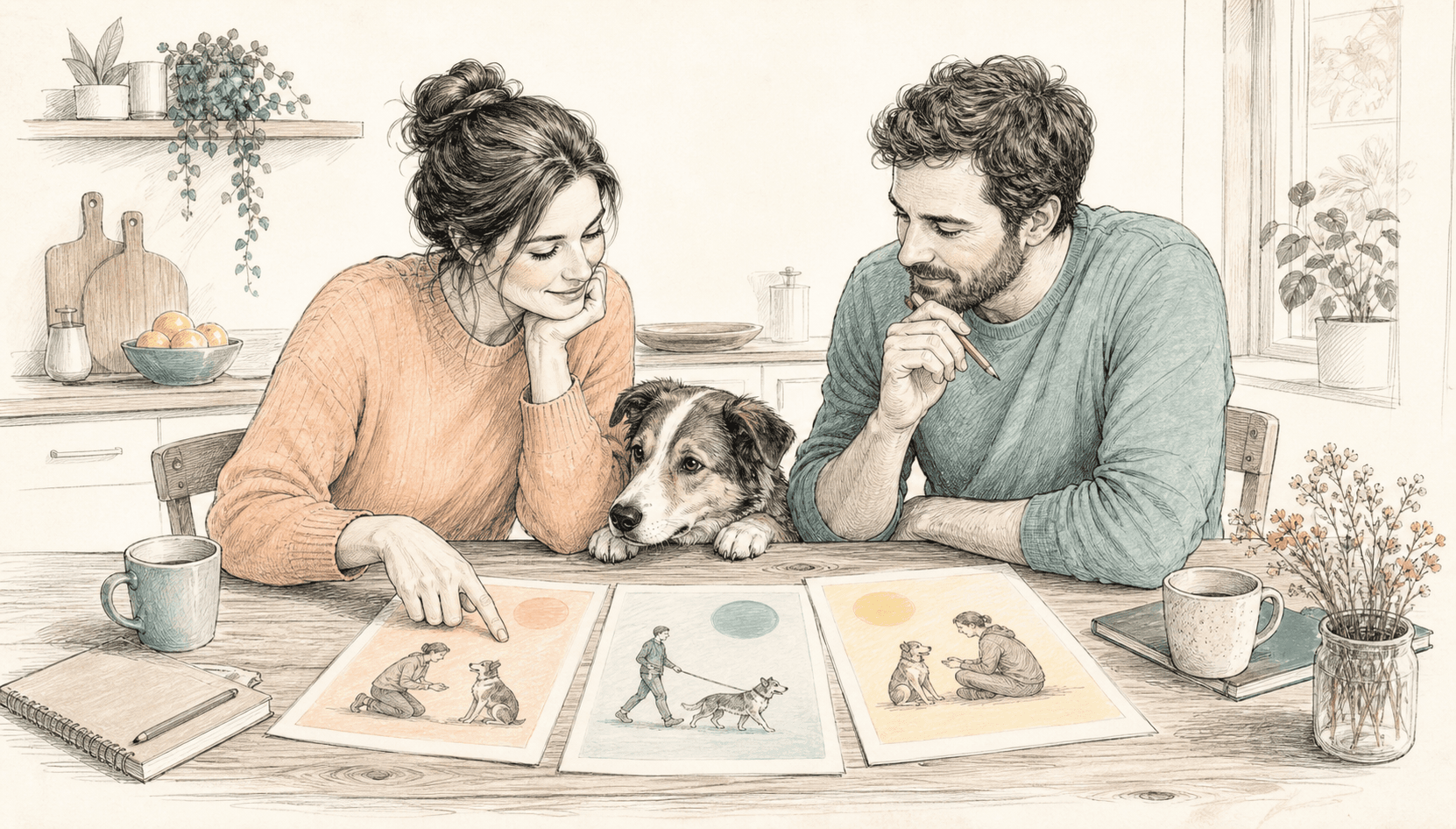 Zwei Hundebesitzer:innen wählen gemeinsam den passenden Kurs