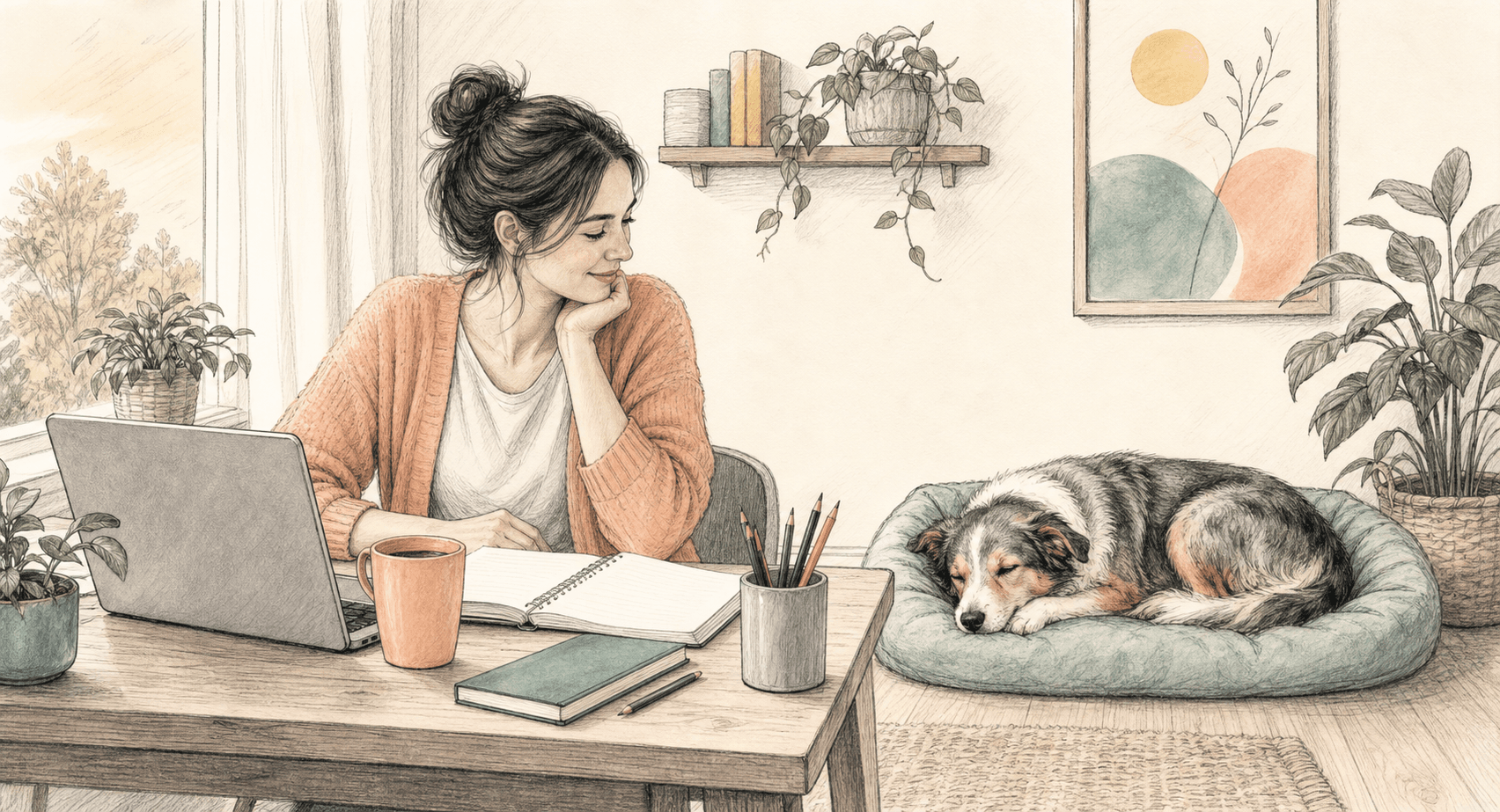 Hundebesitzerin lernt online, während ihr Hund entspannt neben ihr ruht