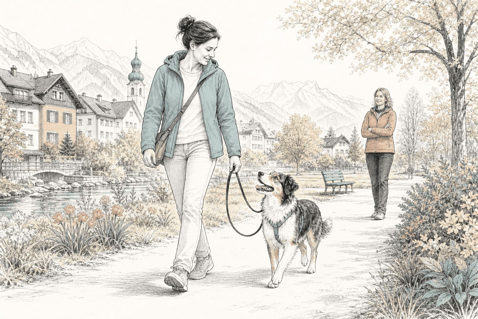 Hundehalterin geht mit ihrem Hund entspannt durch den Alltag